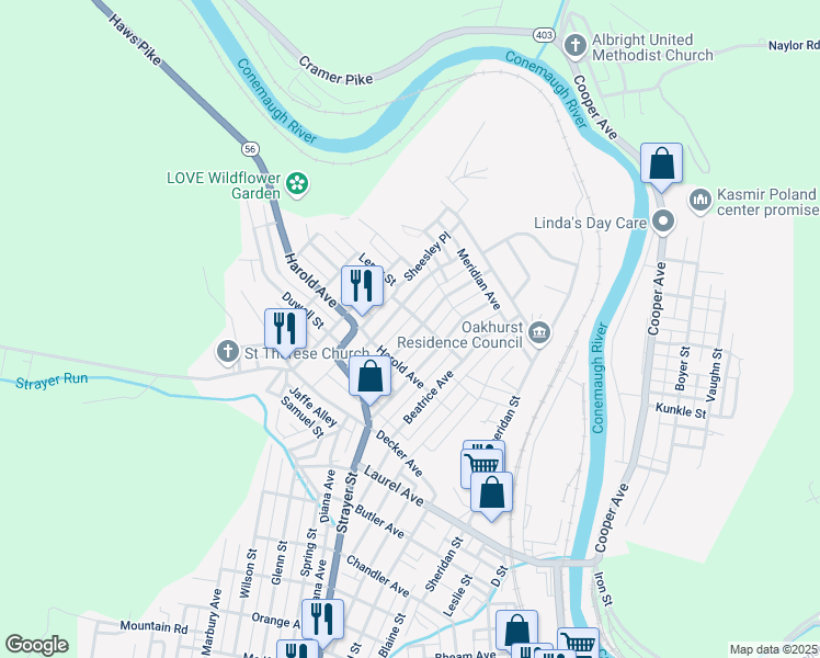 map of restaurants, bars, coffee shops, grocery stores, and more near 495 Dorothy Avenue in Johnstown