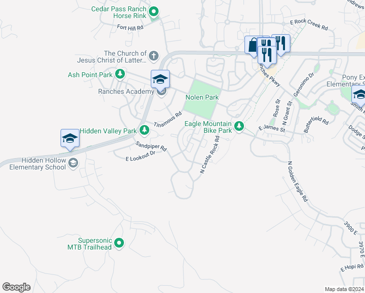 map of restaurants, bars, coffee shops, grocery stores, and more near 7576 North Snowy Owl Road in Eagle Mountain