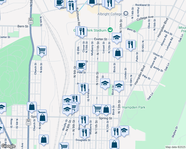 map of restaurants, bars, coffee shops, grocery stores, and more near 1046 Pike Street in Reading