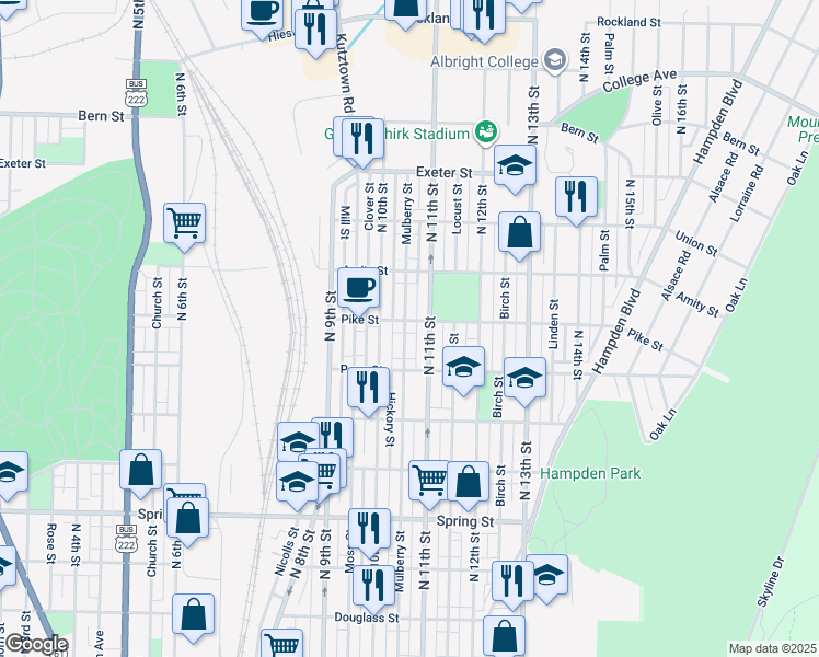 map of restaurants, bars, coffee shops, grocery stores, and more near 1050 Pike Street in Reading