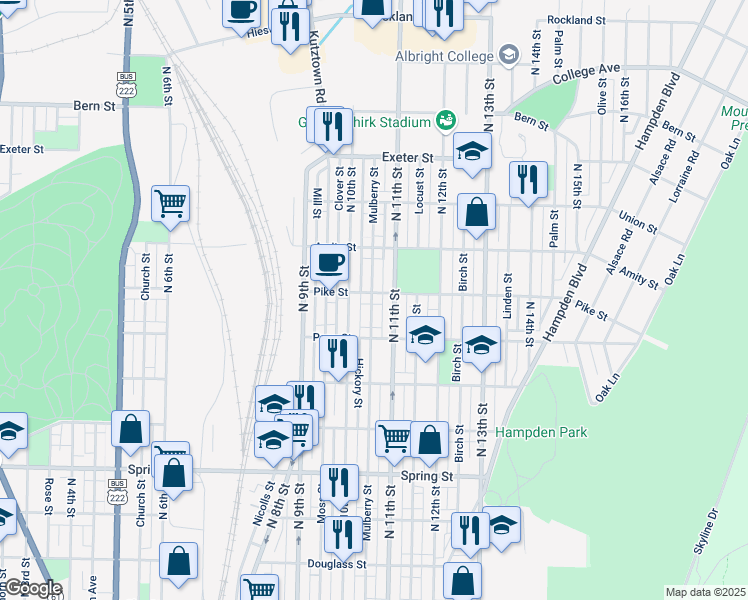 map of restaurants, bars, coffee shops, grocery stores, and more near 1046 Pike Street in Reading