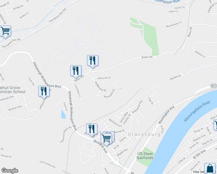 map of restaurants, bars, coffee shops, grocery stores, and more near 507 Ridgeview Drive in Dravosburg