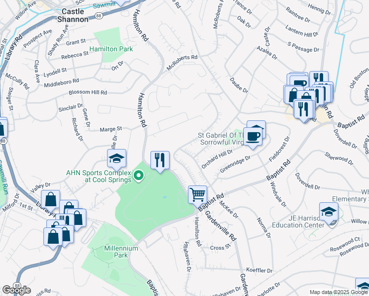 map of restaurants, bars, coffee shops, grocery stores, and more near 5414 Highgrove Road in Pittsburgh