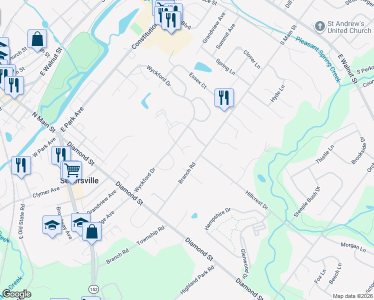 map of restaurants, bars, coffee shops, grocery stores, and more near 413 Surrey Court in Sellersville