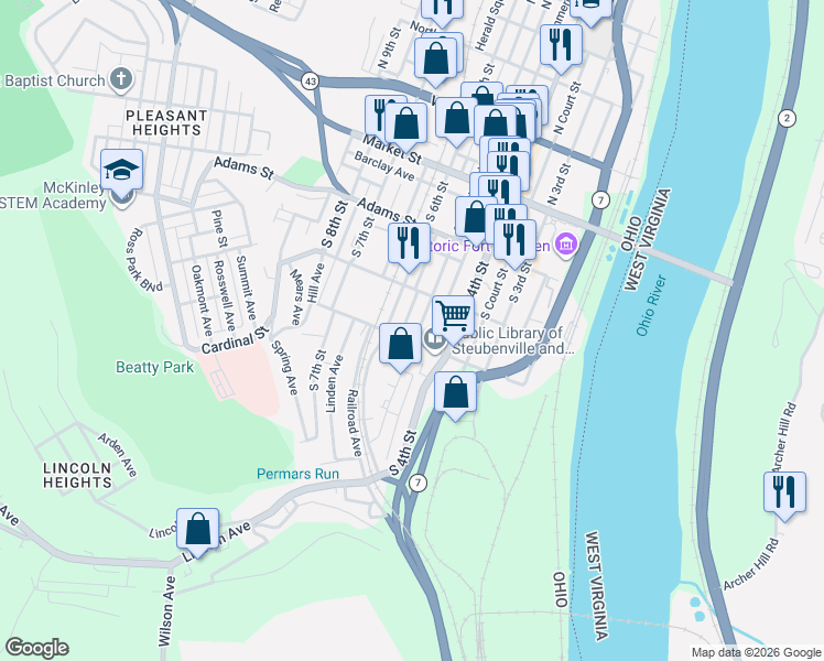 map of restaurants, bars, coffee shops, grocery stores, and more near 339 South 5th Street in Steubenville
