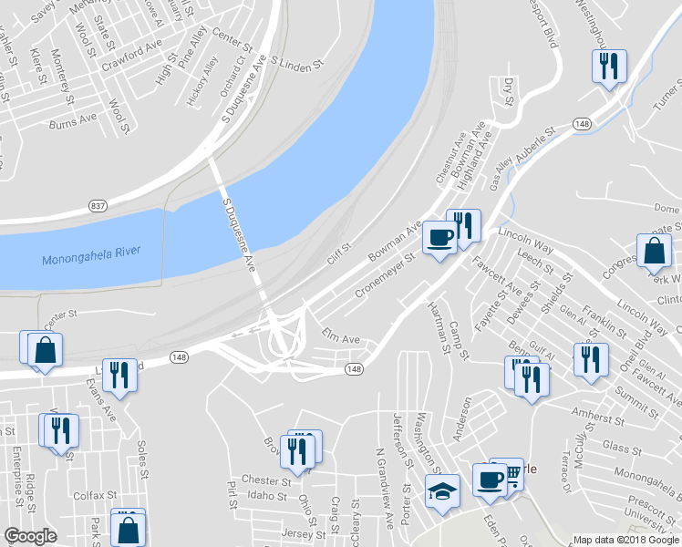 map of restaurants, bars, coffee shops, grocery stores, and more near 2217 Bowman Avenue in McKeesport
