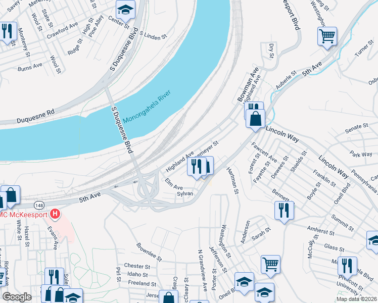 map of restaurants, bars, coffee shops, grocery stores, and more near 2217 Bowman Avenue in McKeesport