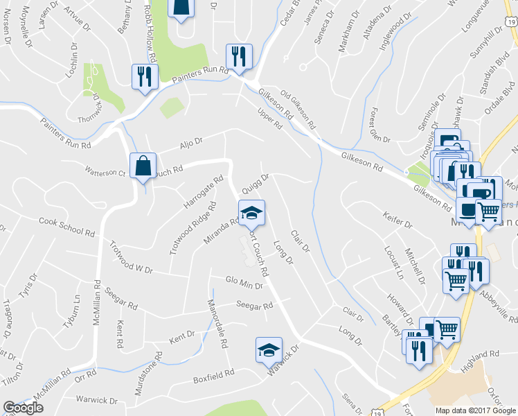 map of restaurants, bars, coffee shops, grocery stores, and more near 521 Long Drive in Pittsburgh
