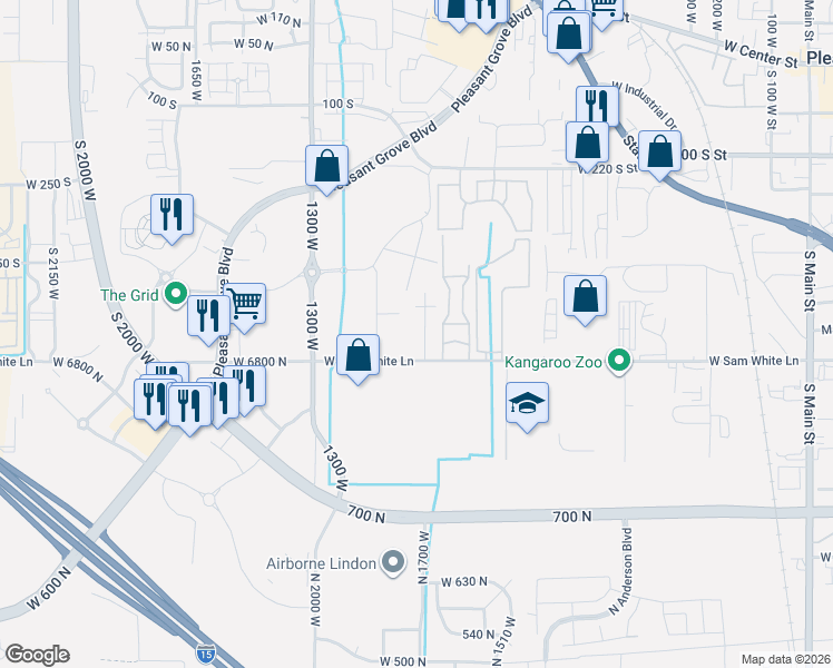 map of restaurants, bars, coffee shops, grocery stores, and more near 644 South Steeple Chase Road in Pleasant Grove