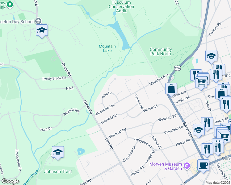 map of restaurants, bars, coffee shops, grocery stores, and more near 5 James Court in Princeton