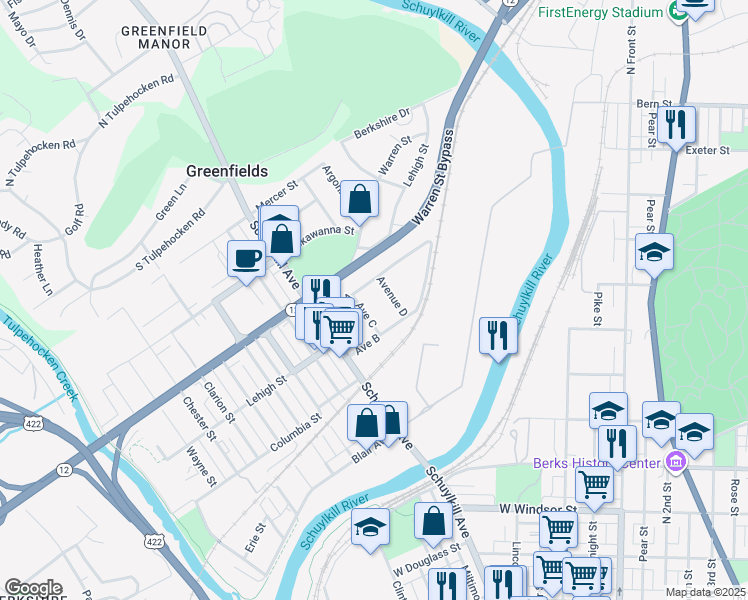 map of restaurants, bars, coffee shops, grocery stores, and more near 1333 Avenue C in Reading