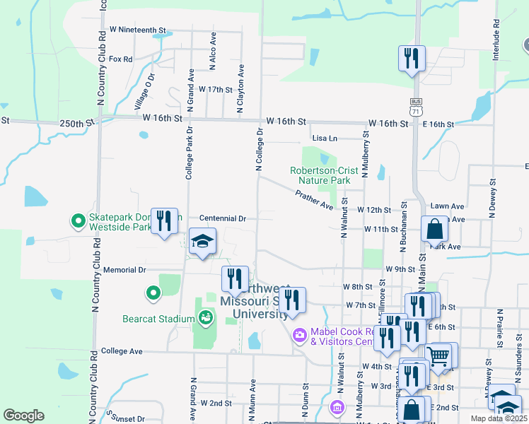 map of restaurants, bars, coffee shops, grocery stores, and more near 1121 North College Drive in Maryville