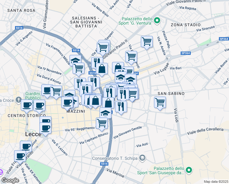 map of restaurants, bars, coffee shops, grocery stores, and more near 4-10 Via Lupiae in Lecce