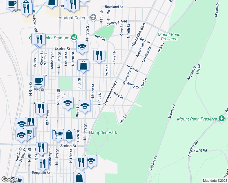 map of restaurants, bars, coffee shops, grocery stores, and more near 1401 Hampden Boulevard in Reading
