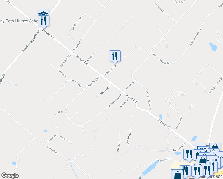 map of restaurants, bars, coffee shops, grocery stores, and more near 5877 Pheasant Lane in Doylestown