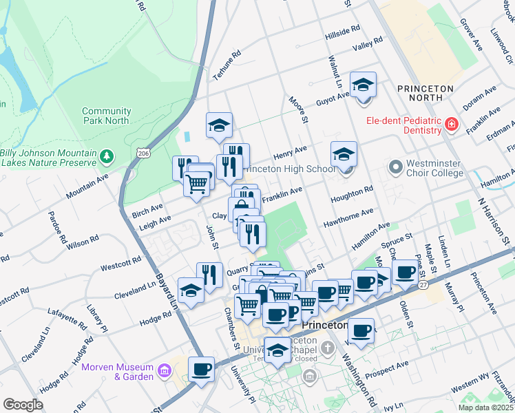 map of restaurants, bars, coffee shops, grocery stores, and more near 2 Franklin Avenue in Princeton