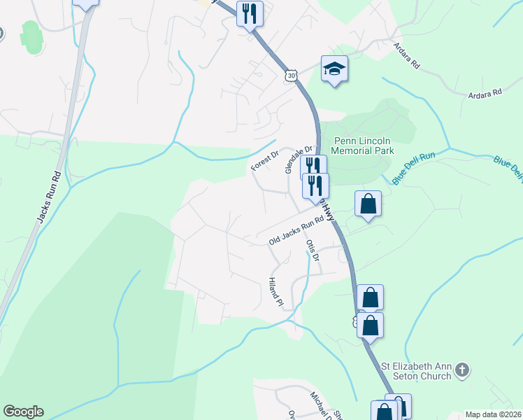 map of restaurants, bars, coffee shops, grocery stores, and more near 320 Forest Drive in Irwin