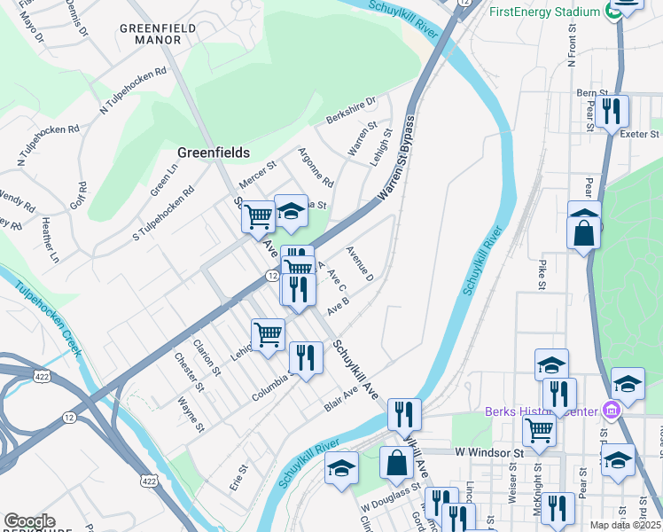 map of restaurants, bars, coffee shops, grocery stores, and more near 1333 Avenue C in Reading