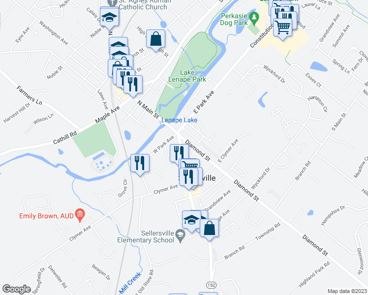 map of restaurants, bars, coffee shops, grocery stores, and more near 125 South Main Street in Sellersville