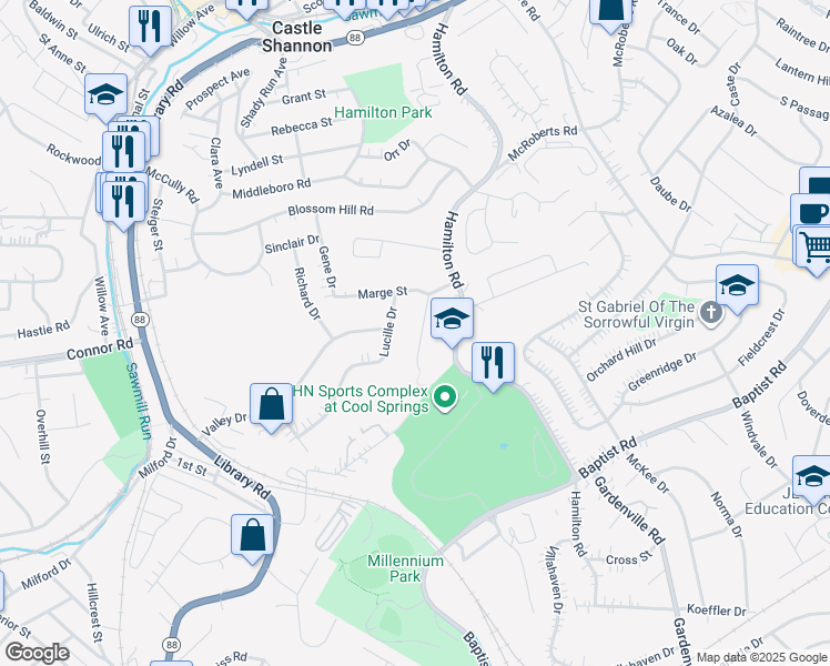 map of restaurants, bars, coffee shops, grocery stores, and more near 1518 Andrea Drive in Pittsburgh