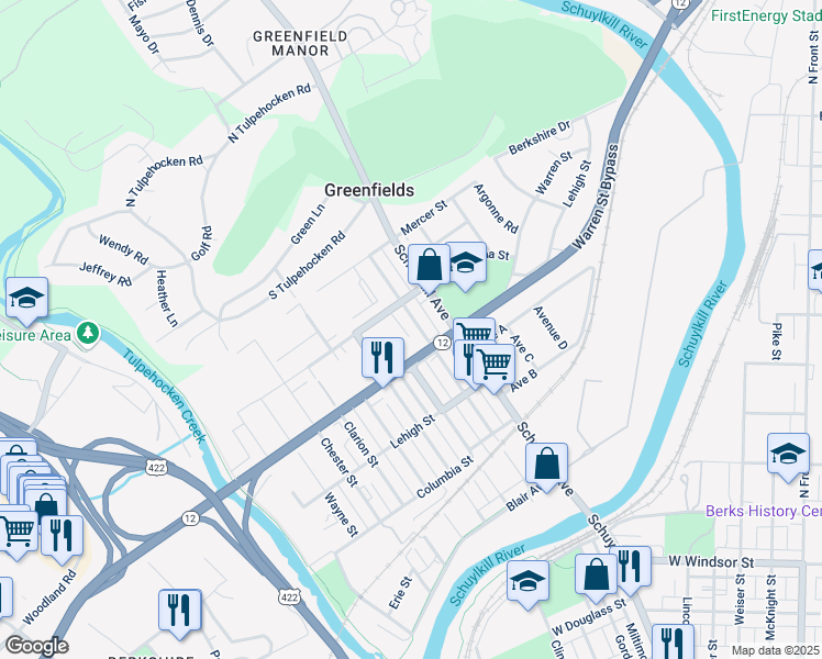map of restaurants, bars, coffee shops, grocery stores, and more near 1409 Butler Street in Reading