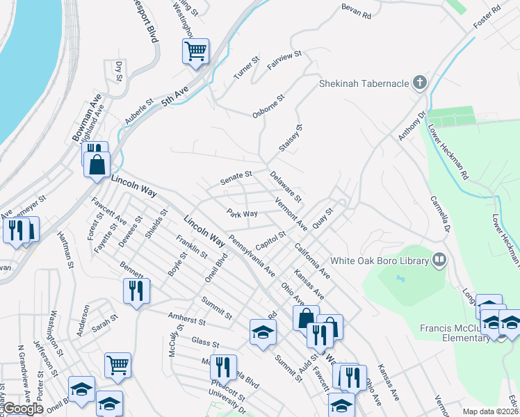 map of restaurants, bars, coffee shops, grocery stores, and more near 209 Park Way in White Oak