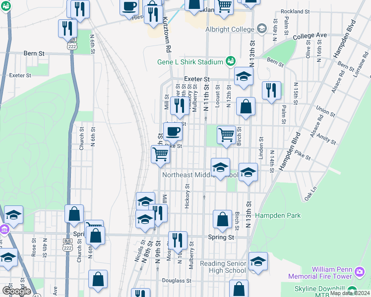 map of restaurants, bars, coffee shops, grocery stores, and more near 1359 North 10th Street in Reading