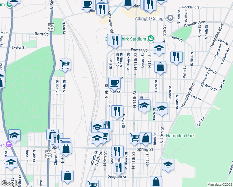 map of restaurants, bars, coffee shops, grocery stores, and more near 942 Pike Street in Reading