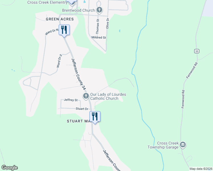 map of restaurants, bars, coffee shops, grocery stores, and more near 235 Evergreen Terrace Drive in Steubenville