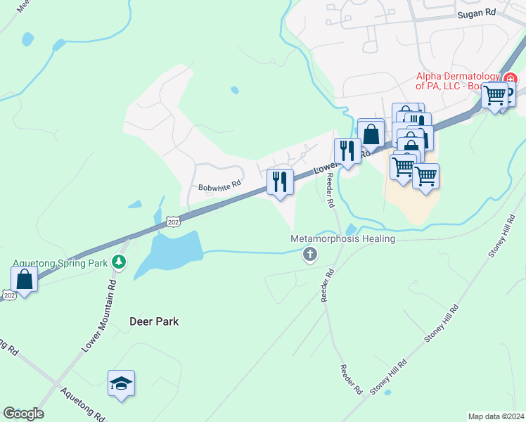 map of restaurants, bars, coffee shops, grocery stores, and more near 82 Hermitage Drive in New Hope