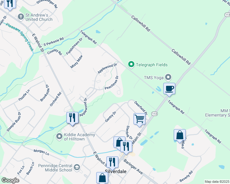 map of restaurants, bars, coffee shops, grocery stores, and more near 2617 Crabapple Circle in Perkasie