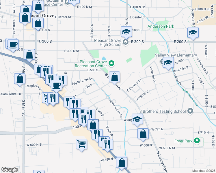 map of restaurants, bars, coffee shops, grocery stores, and more near 588 Harvest Moon Drive in Pleasant Grove