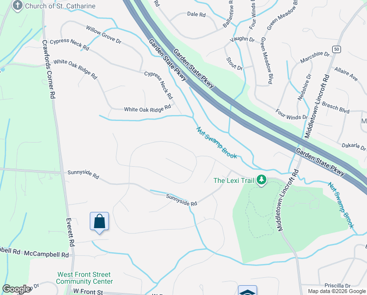 map of restaurants, bars, coffee shops, grocery stores, and more near 20 Waterford Way in Lincroft