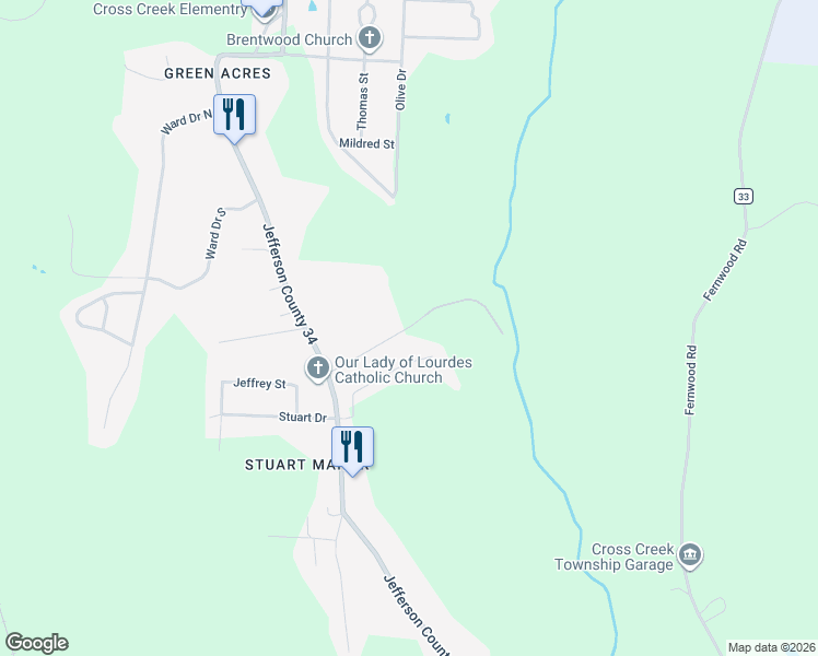 map of restaurants, bars, coffee shops, grocery stores, and more near 235 Evergreen Terrace Drive in Steubenville