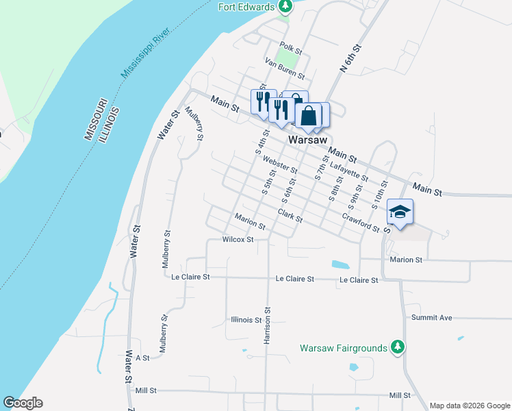 map of restaurants, bars, coffee shops, grocery stores, and more near 400-498 Clark St in Warsaw