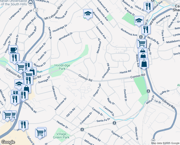 map of restaurants, bars, coffee shops, grocery stores, and more near 112 Marshall Drive in Mount Lebanon