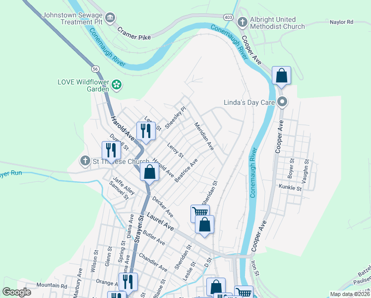 map of restaurants, bars, coffee shops, grocery stores, and more near 403 Corrine Avenue in Johnstown