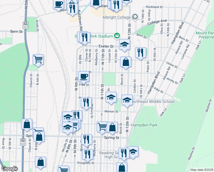 map of restaurants, bars, coffee shops, grocery stores, and more near 6 Pike Street in Reading