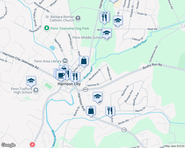 map of restaurants, bars, coffee shops, grocery stores, and more near 24 Brooklane Drive in Harrison City