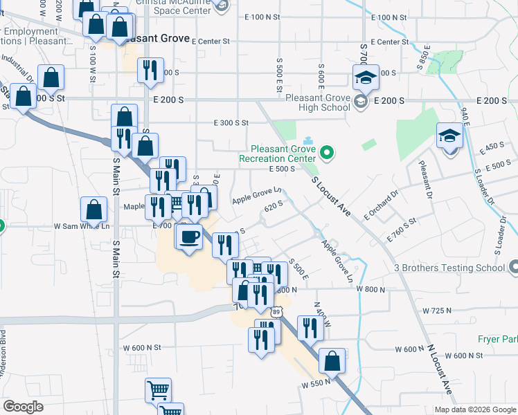 map of restaurants, bars, coffee shops, grocery stores, and more near 457 East Apple Blossom Drive in Pleasant Grove