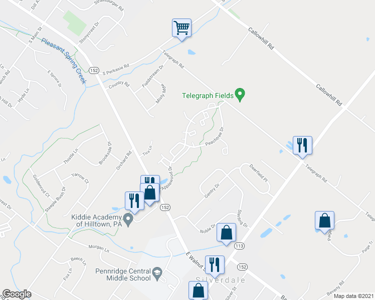 map of restaurants, bars, coffee shops, grocery stores, and more near 812 Orangewood Court in Perkasie