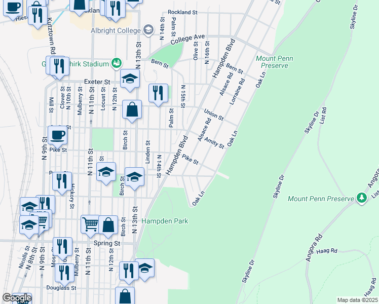 map of restaurants, bars, coffee shops, grocery stores, and more near 1402 Alsace Road in Reading