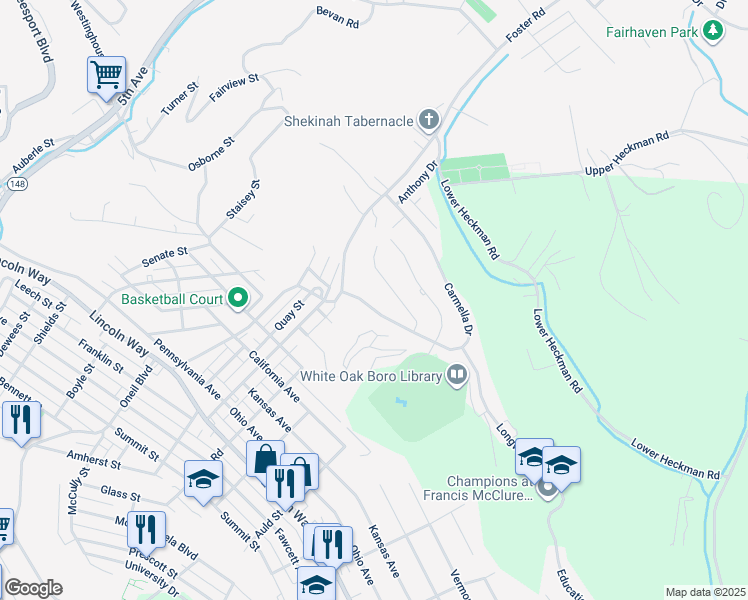 map of restaurants, bars, coffee shops, grocery stores, and more near 111 Carmella Drive in White Oak