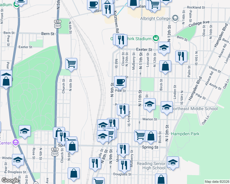 map of restaurants, bars, coffee shops, grocery stores, and more near 1355A North 9th Street in Reading
