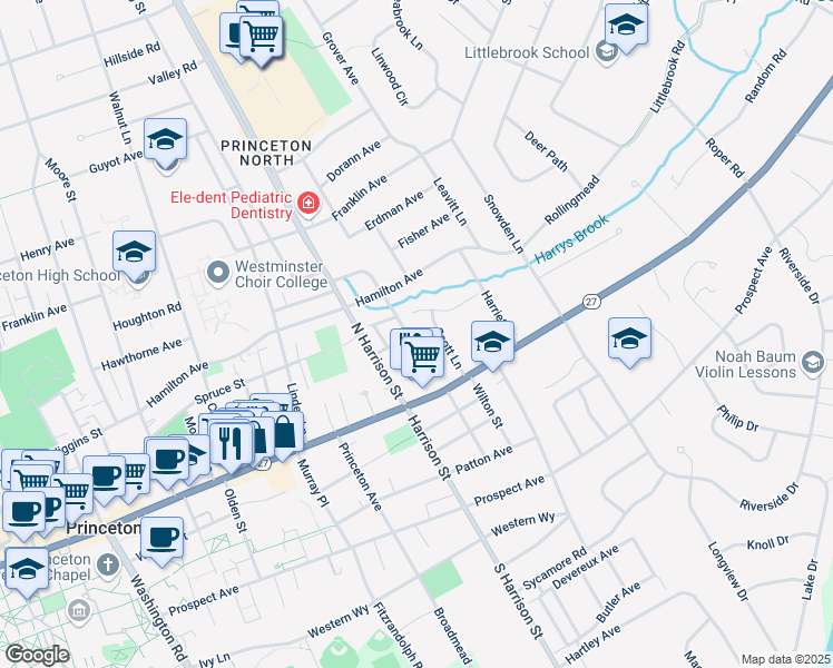 map of restaurants, bars, coffee shops, grocery stores, and more near 44 Scott Lane in Princeton