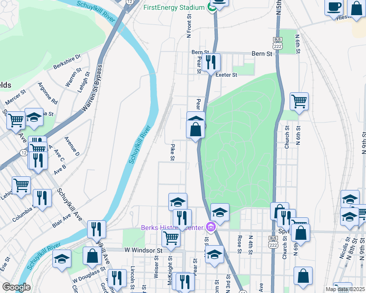 map of restaurants, bars, coffee shops, grocery stores, and more near 1346 North Front Street in Reading