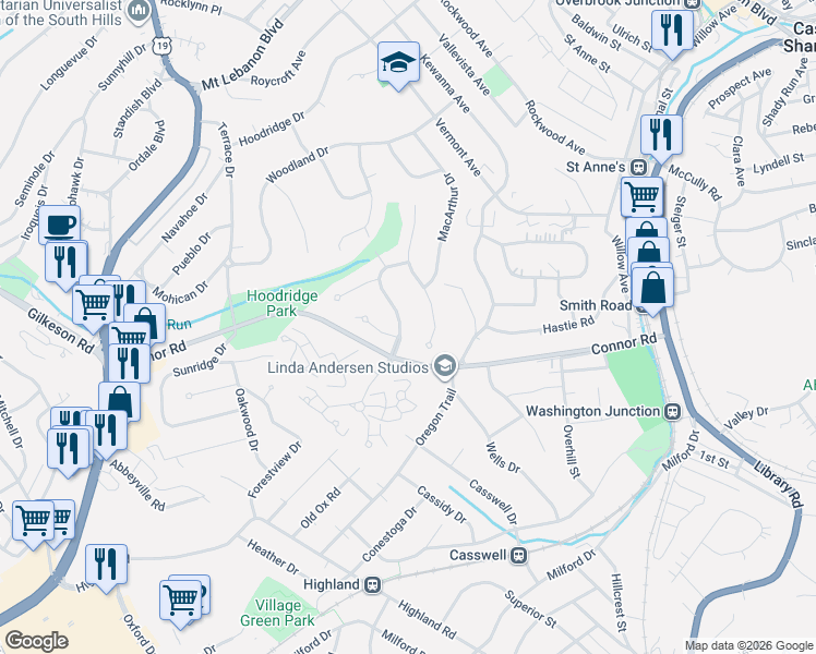 map of restaurants, bars, coffee shops, grocery stores, and more near 112 Marshall Drive in Mount Lebanon