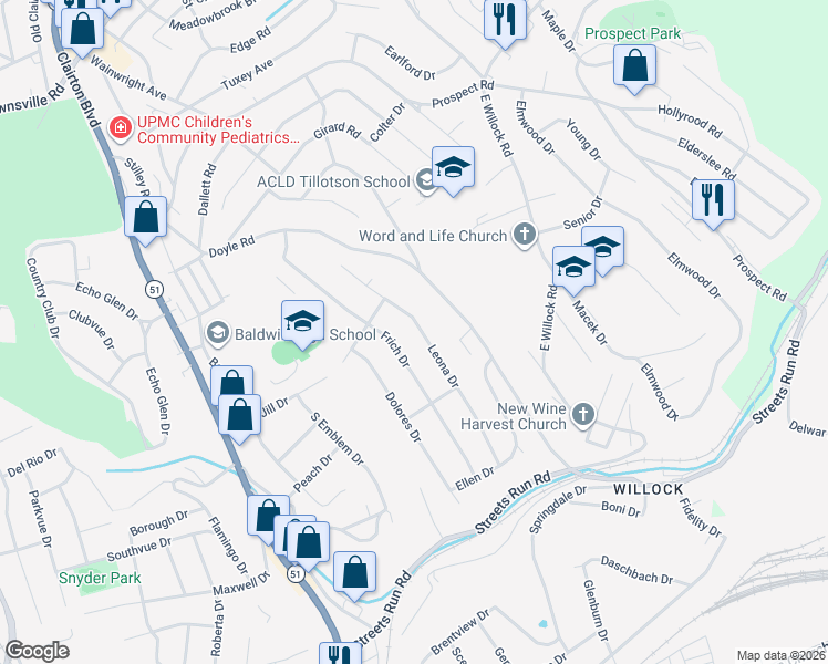 map of restaurants, bars, coffee shops, grocery stores, and more near 5008 Leona Drive in Pittsburgh