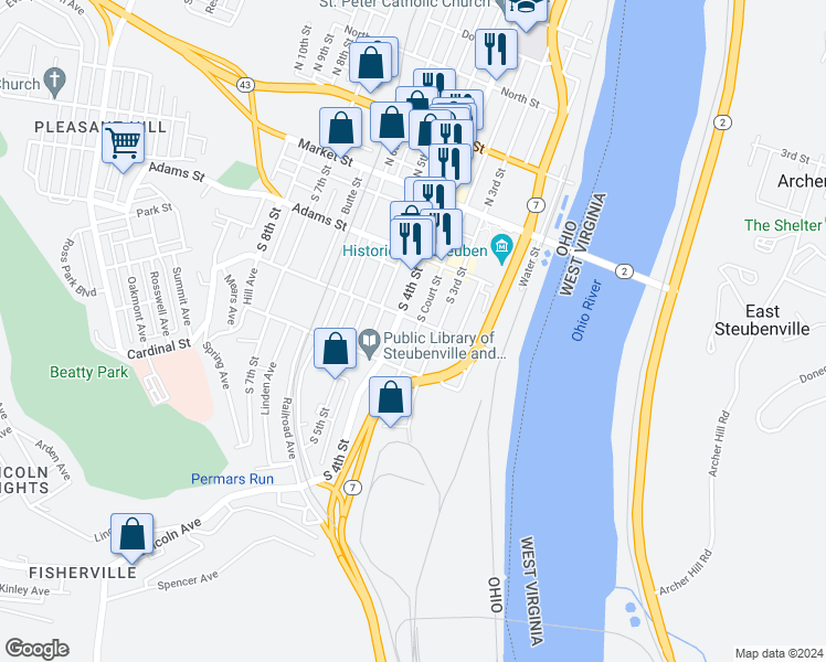 map of restaurants, bars, coffee shops, grocery stores, and more near 321 South Court Street in Steubenville