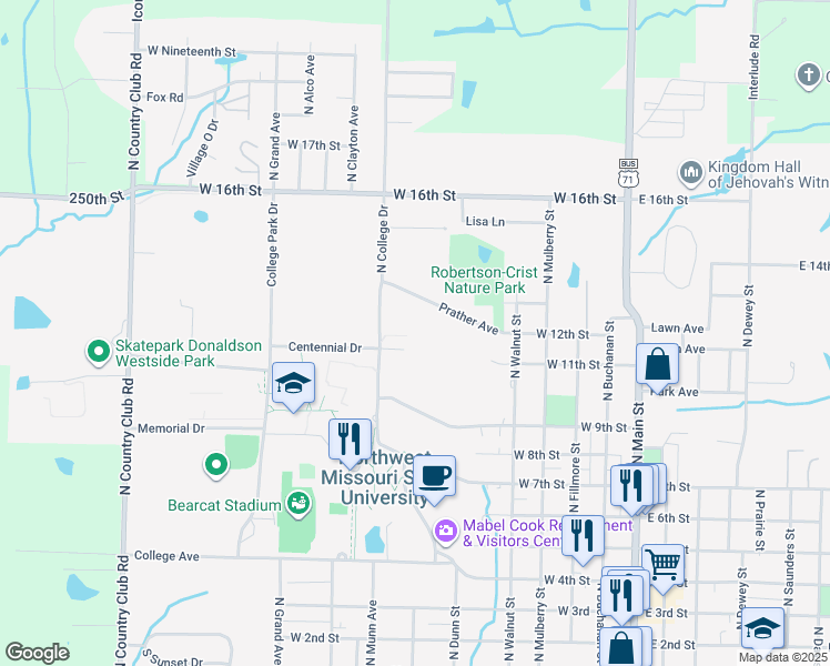 map of restaurants, bars, coffee shops, grocery stores, and more near 1121 North College Drive in Maryville